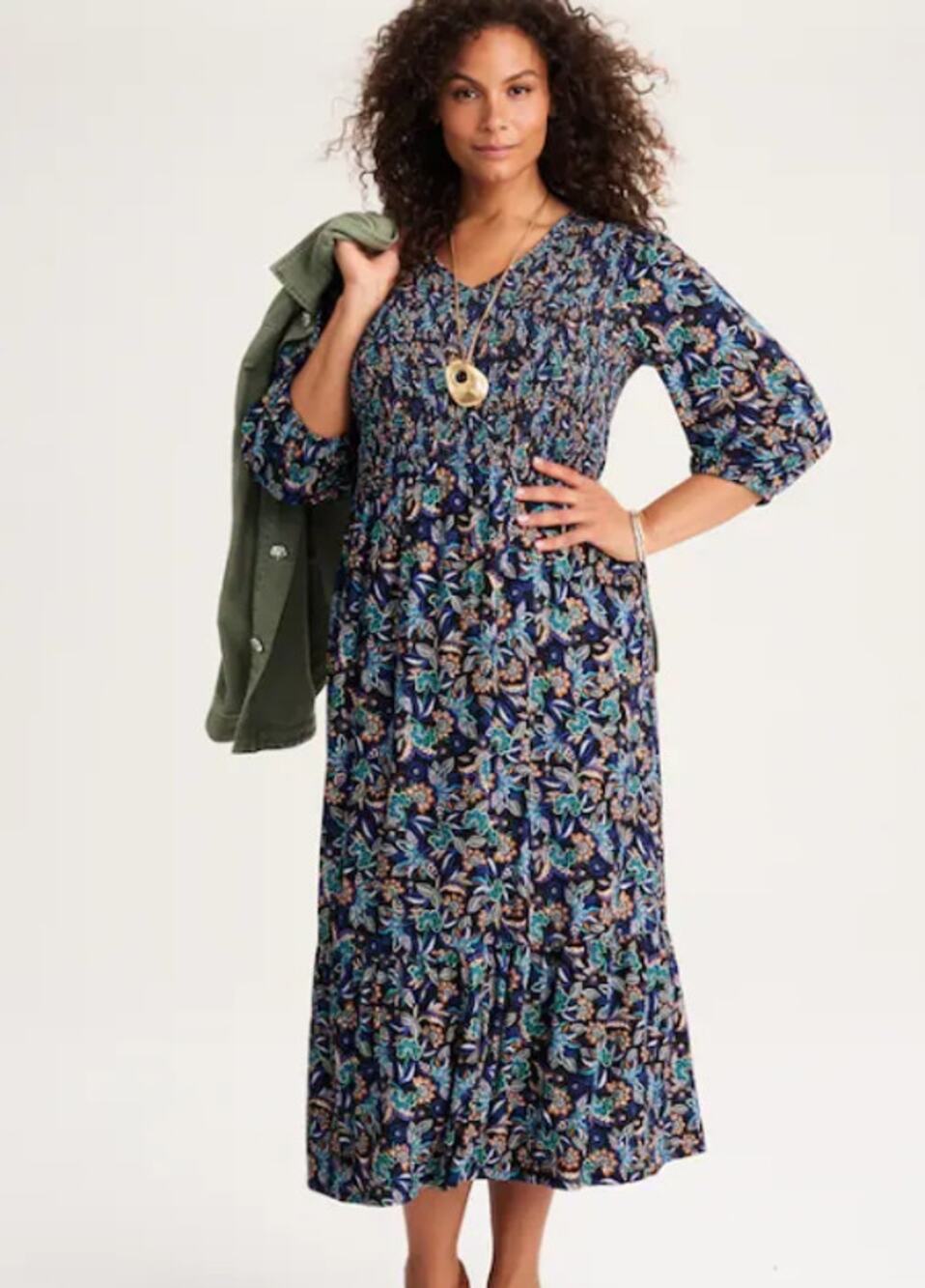 J. Jill Colorful Tiered Flounced-Hem Midi Dress Smocked Bodice XL Petite NWT